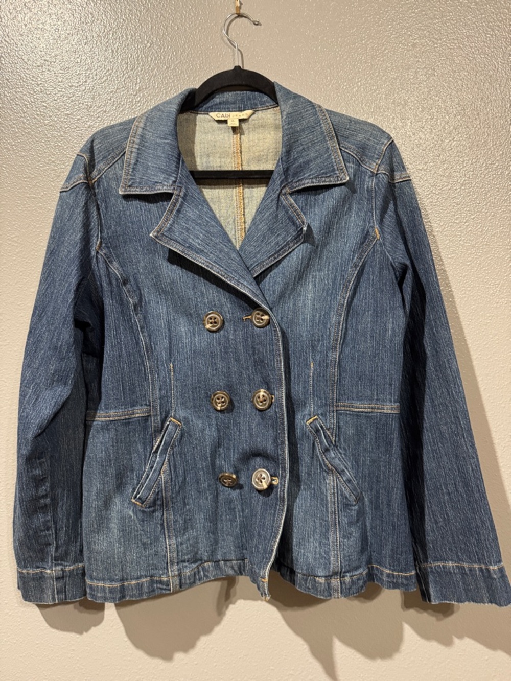CAbi Women's Double-Breasted Denim Jacket in Medium Blue
